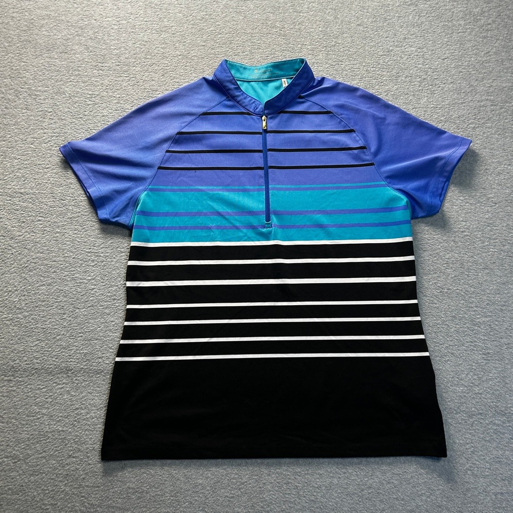 Nancy Lopez DeLux DriGolf Polo Shirt Women Large Blue Teal Black Striped 1/4 Zip